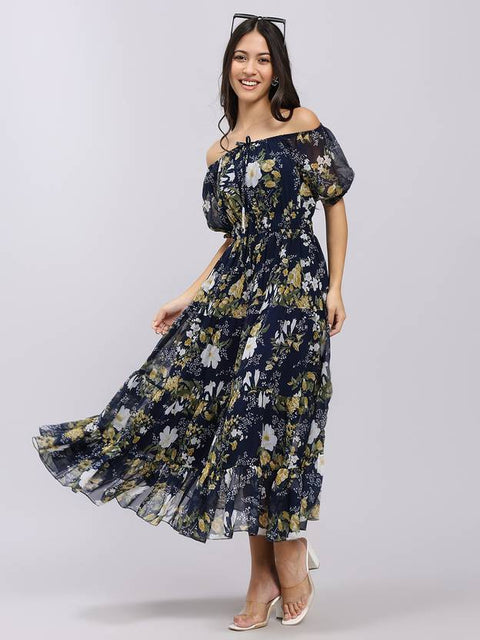 Women A-line Blue Midi/Calf Length Dress