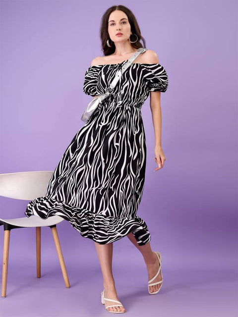 Women Fit and Flare Black Midi/Calf Length Dress