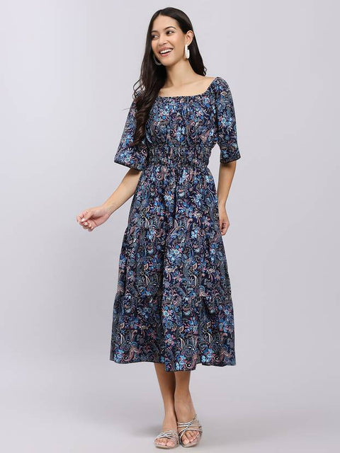 Women A-line Blue Midi/Calf Length Dress