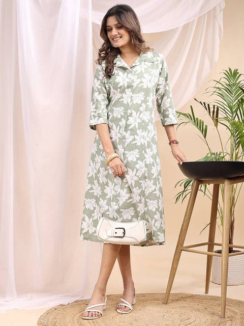 Women Fit and Flare Green Midi/Calf Length Dress