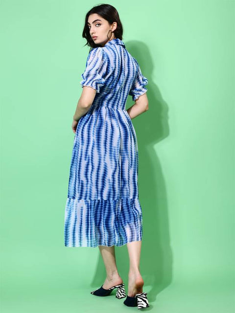 Women Fit and Flare Blue Below Knee Dress