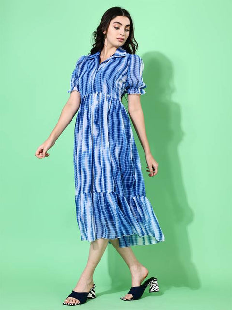 Women Fit and Flare Blue Below Knee Dress