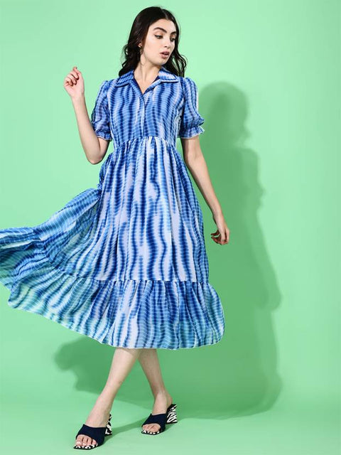 Women Fit and Flare Blue Below Knee Dress