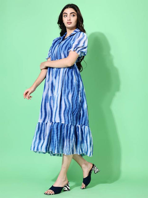 Women Fit and Flare Blue Below Knee Dress