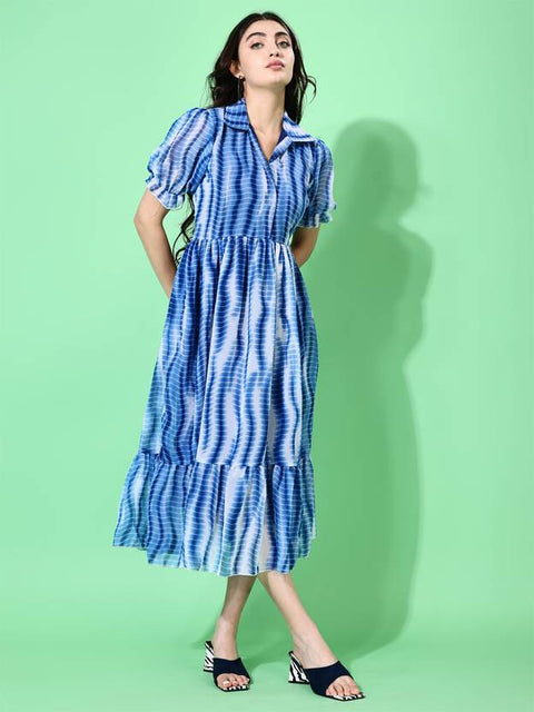 Women Fit and Flare Blue Below Knee Dress