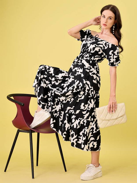 Women Fit and Flare Black Midi/Calf Length Dress