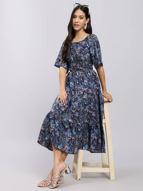 Women A-line Blue Midi/Calf Length Dress