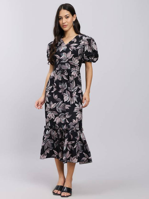 Women A-line Black Midi/Calf Length Dress
