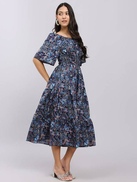 Women A-line Blue Midi/Calf Length Dress
