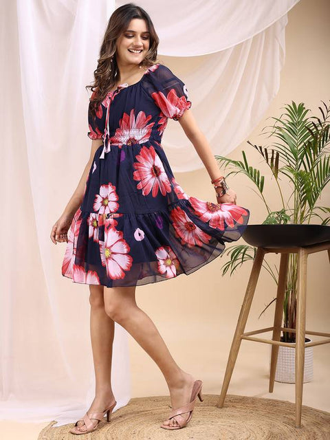 Women Fit and Flare Dark Blue Knee Length Dress