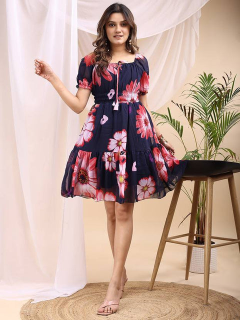 Women Fit and Flare Dark Blue Knee Length Dress