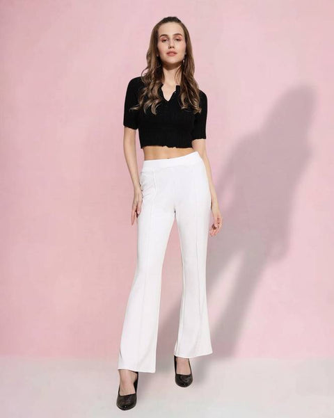 Women Flared White Viscose Rayon Trousers