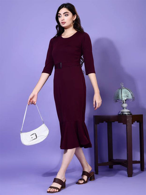 Women Bodycon Maroon Midi/Calf Length Dress
