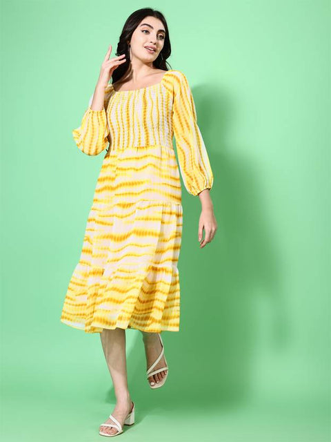 Women Fit and Flare Yellow Below Knee Dress