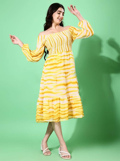 Women Fit and Flare Yellow Below Knee Dress