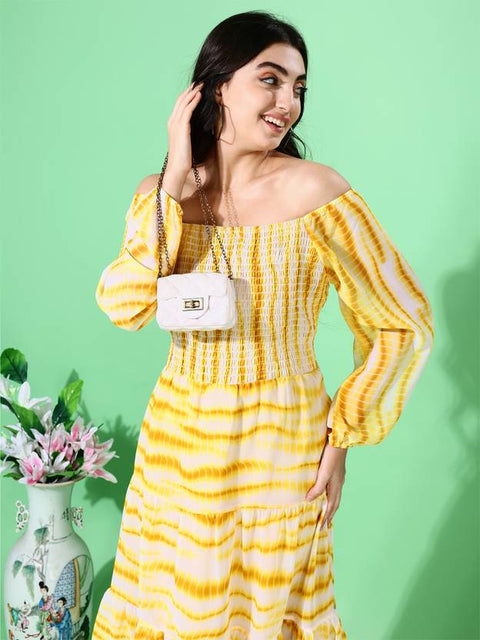 Women Fit and Flare Yellow Below Knee Dress