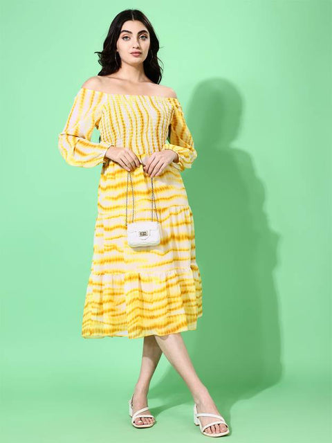 Women Fit and Flare Yellow Below Knee Dress