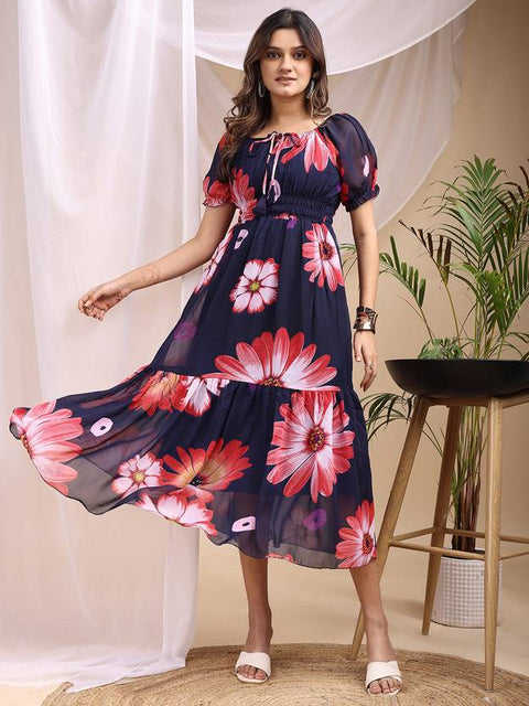 Women A-line Dark Blue Midi/Calf Length Dress