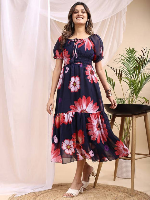 Women A-line Dark Blue Midi/Calf Length Dress