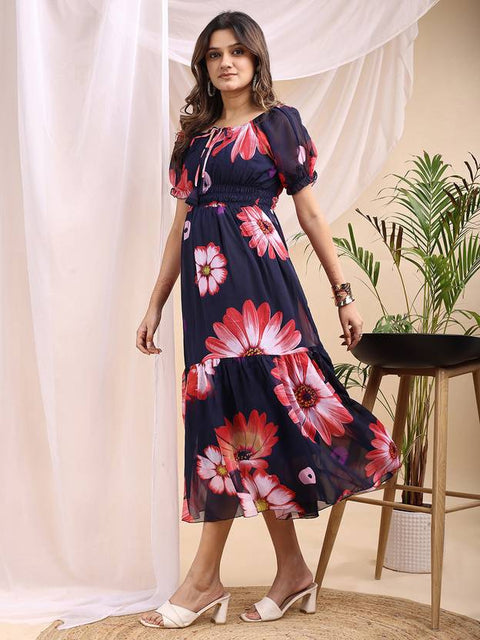 Women A-line Dark Blue Midi/Calf Length Dress