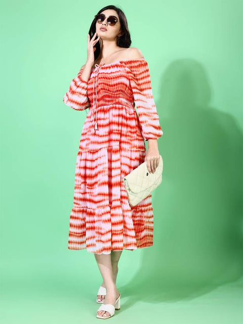 Women Fit and Flare Orange Midi/Calf Length Dress