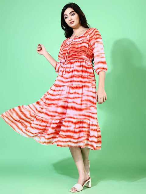Women Fit and Flare Orange Midi/Calf Length Dress
