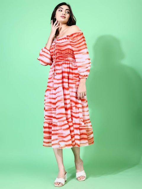 Women Fit and Flare Orange Midi/Calf Length Dress