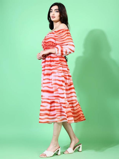 Women Fit and Flare Orange Midi/Calf Length Dress