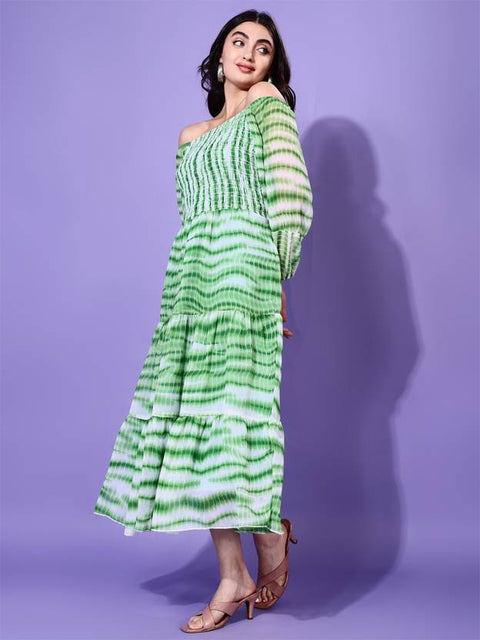 Women Fit and Flare Green Below Knee Dress